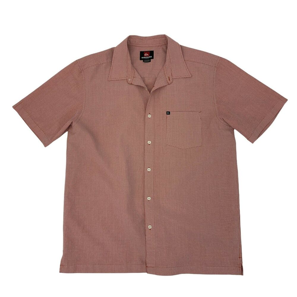 Quiksilver Button Up Shirt Men Size L Red Gingham Plaid Short Sleeve Rayon Blend